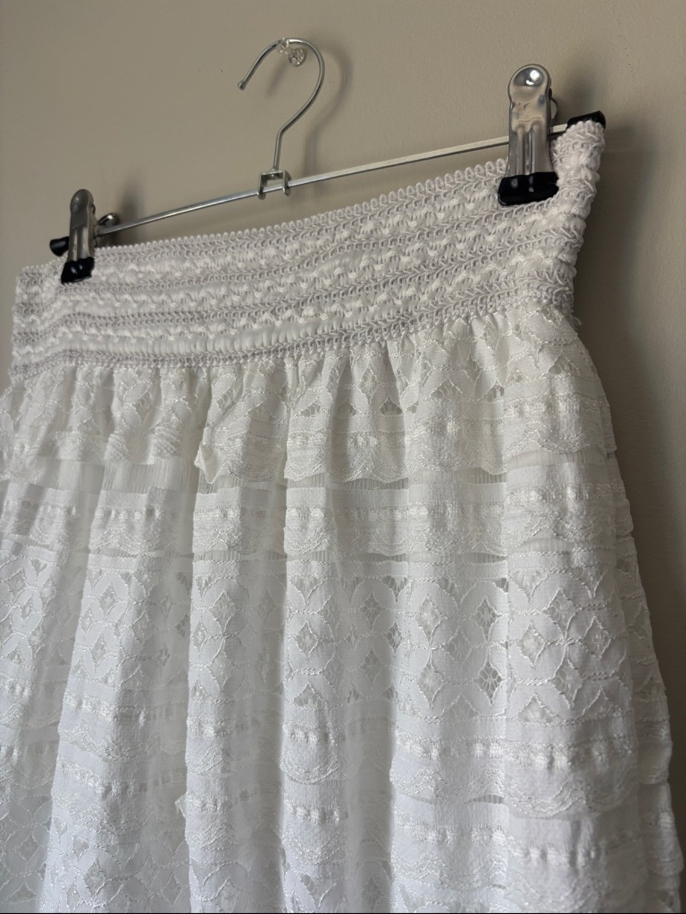 Lace Maxi Skirt | S/M | Smocked Waist White Lace Skirt - Picture 3 of 4
